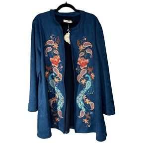 Simply Couture Embroidered Peacock Coat SZ 1X Jacket Faux Suede